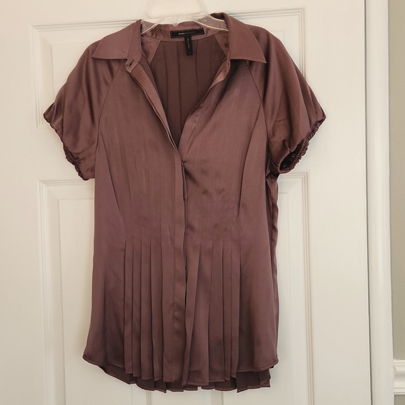 BCBGMaxAzria Tops - BCBG MAXAZRIA Silk Collared Puff Sleeve Rose Bronze Blouse Size M